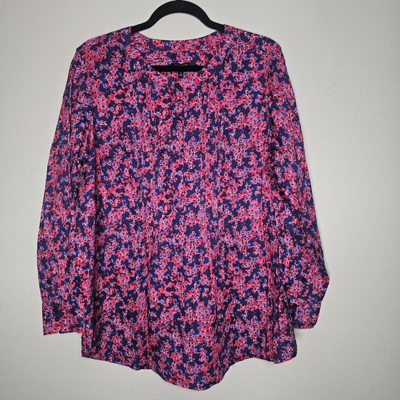 Talbots Tops - Talbots Woman Popover Blouse Plus Size 1X Red Blue Floral Long Sleeve Cotton